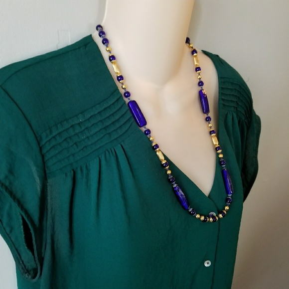 Relisted- cobalt blue glass bead necklace Czech gold - Picture 5 of 9